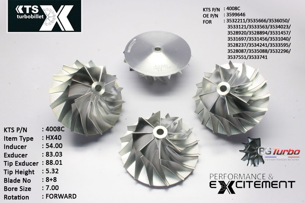 Turbo ROUE FORGÉE MFS PERFORMANCE - 8+8 PALES - INDUCER : 54 - EXDUCER : 83,03 - TYPE : HX40ANGLE : 60° - ROTATION : Forward - SUPER BACK : 4 - BORE SIZE : 7
